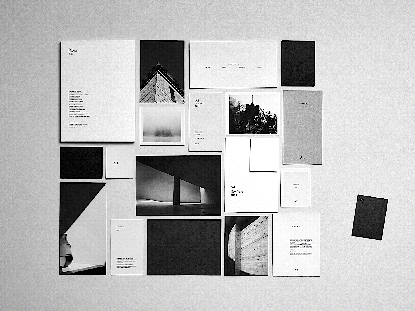 Black and white studio archive collage of editorial materials