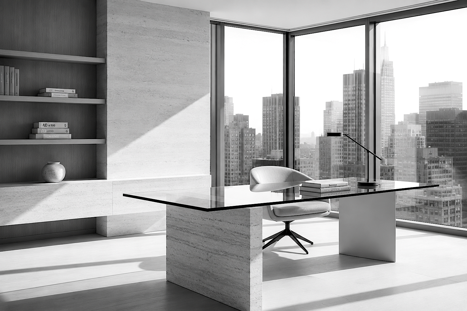 Minimalist executive office with city skyline view