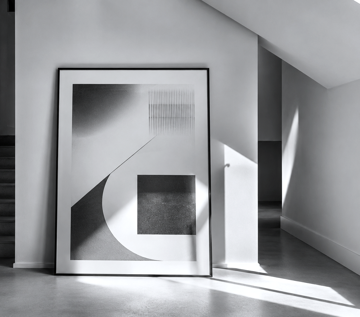 Abstract geometric artwork in a minimalist architectural hallway